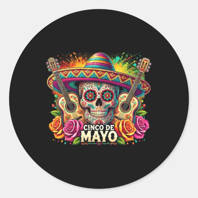 Pegatina Redonda Funny Cinco De Mayo Skeleton Fiesta Sombrero (Anverso)