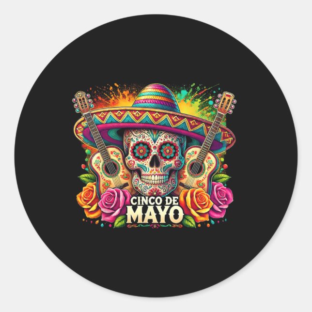 Pegatina Redonda Funny Cinco De Mayo Skeleton Fiesta Sombrero (Anverso)