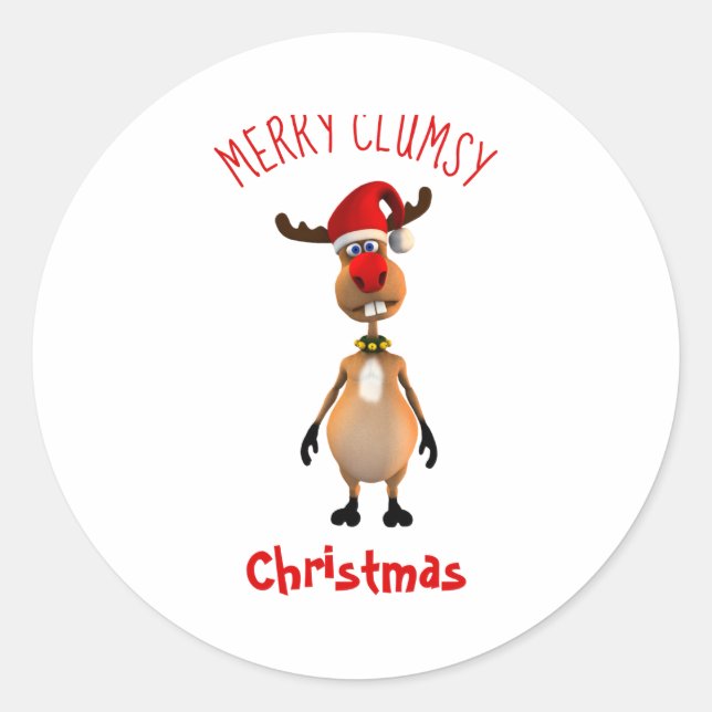 Pegatina Redonda Funny Clumsy Reindeer Merry Christmas  (Anverso)