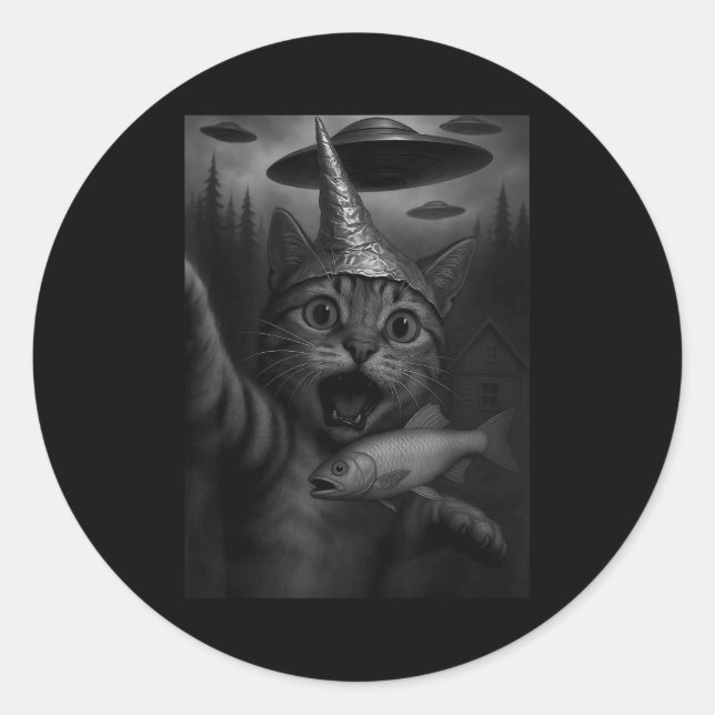 Pegatina Redonda Funny Consracy Cat In Tin Foil Hat Panics At Alien (Anverso)