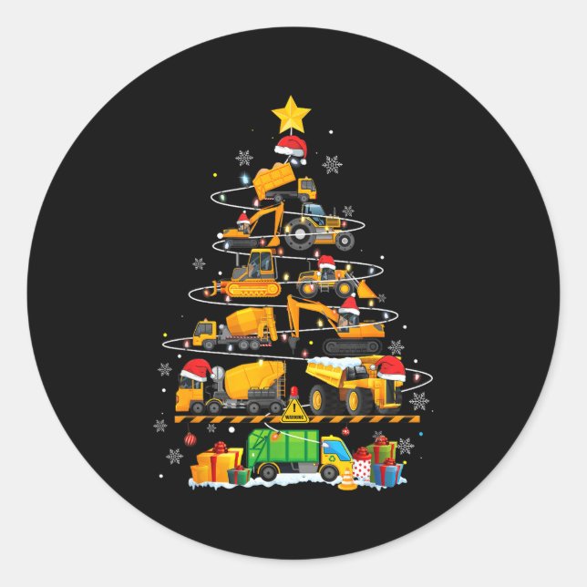 Pegatina Redonda Funny Construction Excavator Truck Christmas Tree  (Anverso)