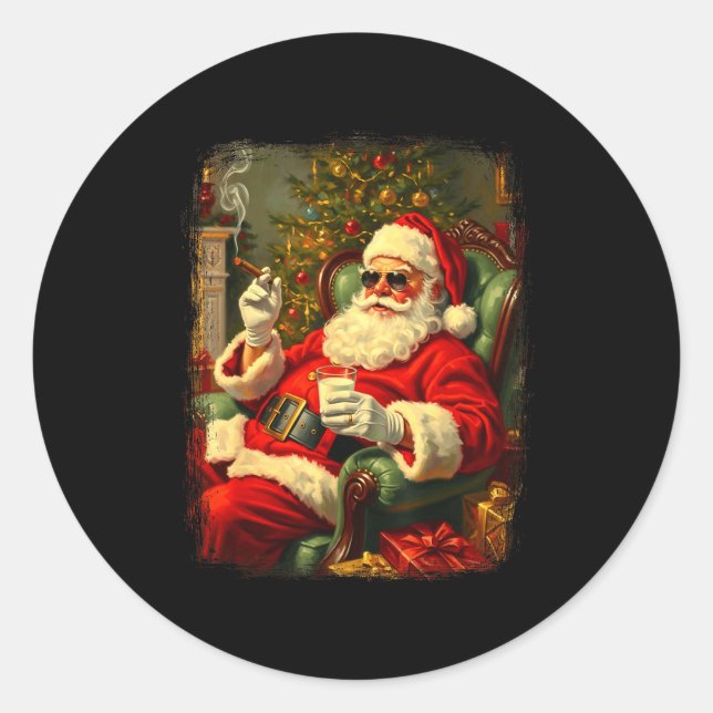 Pegatina Redonda Funny Cool Sungles Cigar And Milk Santa Christmas  (Anverso)