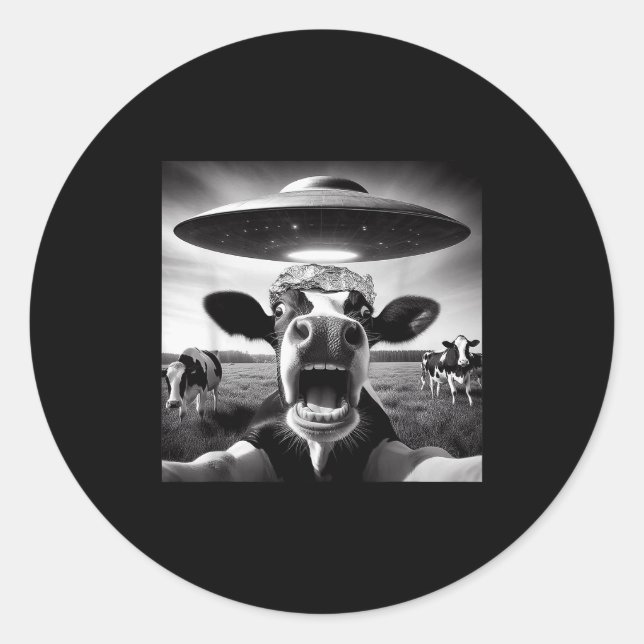 Pegatina Redonda Funny Cow Abduction By Ufo Selfie - Hilarious Alie (Anverso)