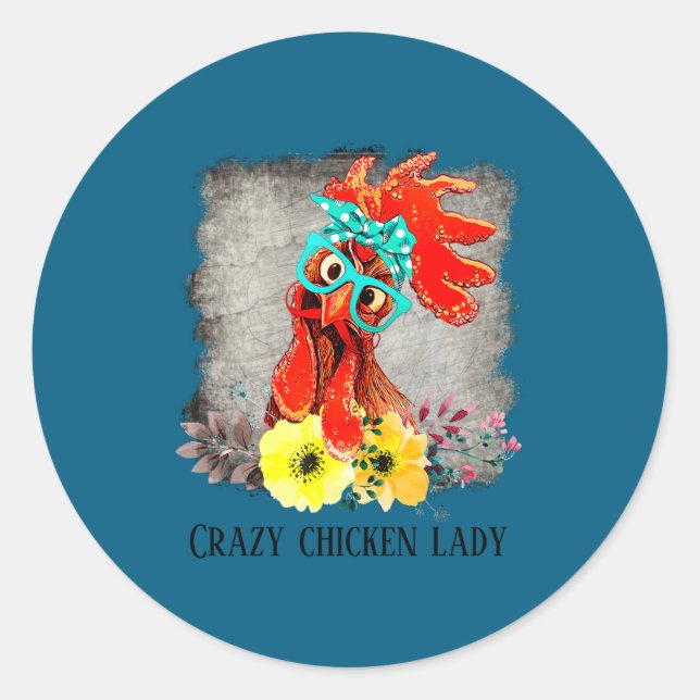 Pegatina Redonda Funny Crazy Chicken Lady Word Art  (Anverso)