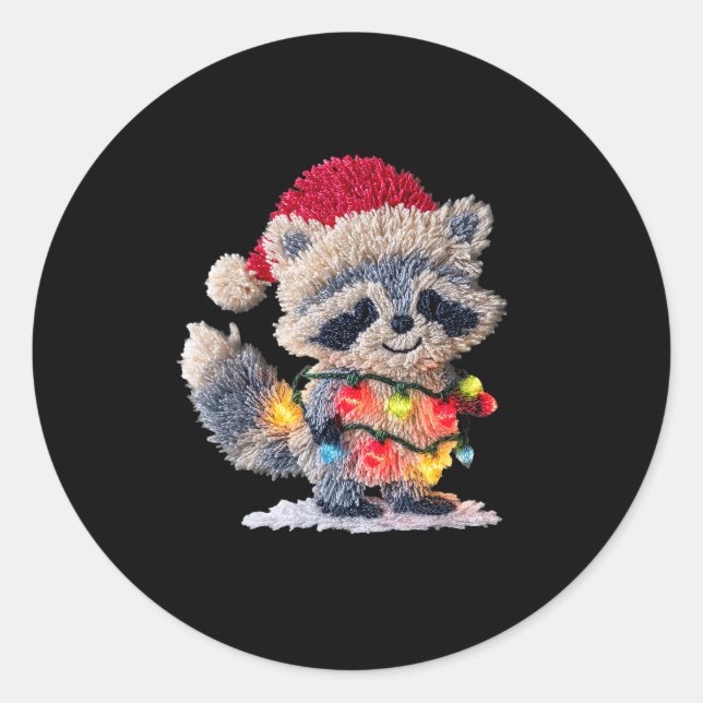 Pegatina Redonda Funny Crochet Christmas Raccoon Xmas Lights Girly  (Anverso)