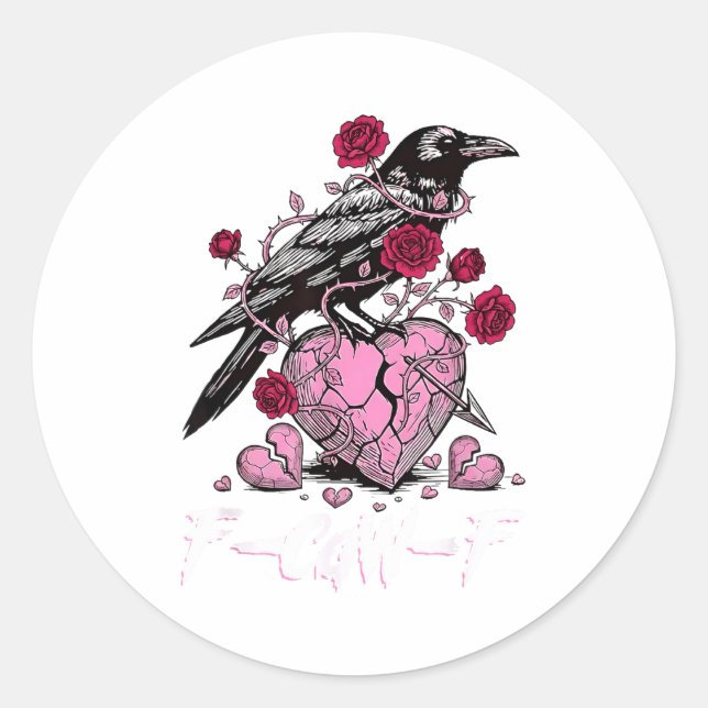 Pegatina Redonda Funny Crow F-caw-f Valentines Day Black Bird Fcawf (Anverso)