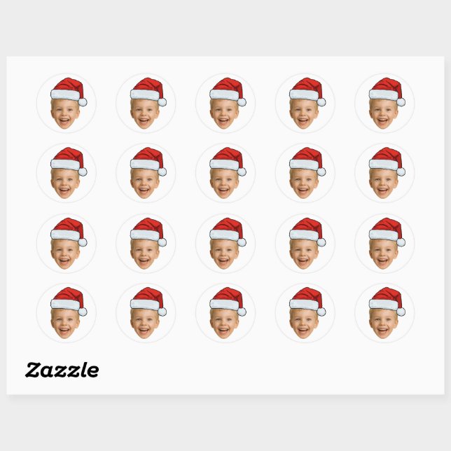 Pegatina Redonda Funny Custom Face Photo Santa Hat Christmas (Hoja)
