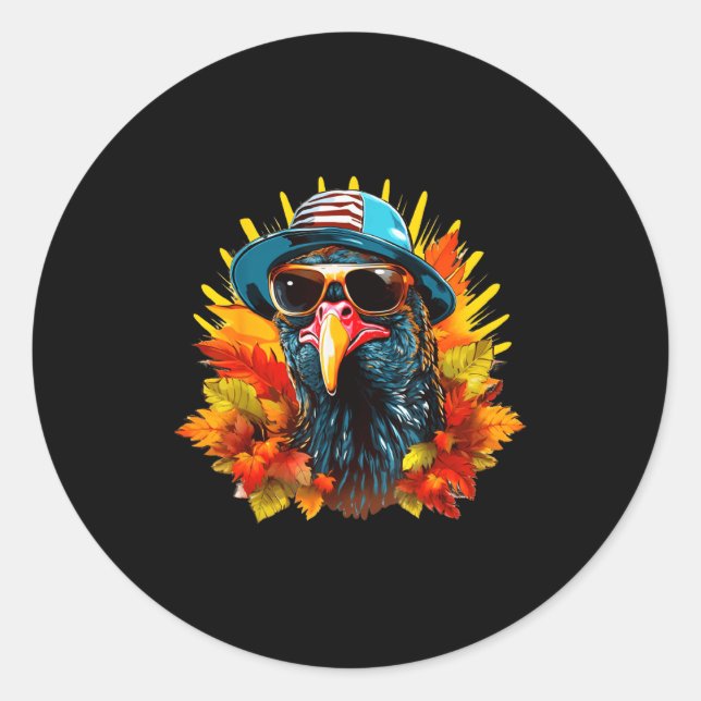 Pegatina Redonda Funny Cute Autumn Thanksgiving Turkey Christmas Au (Anverso)