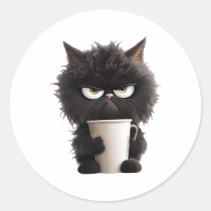 Pegatina Redonda Funny Cute Black Cat Coffee Angry