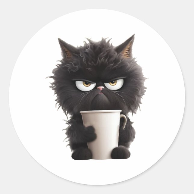 Pegatina Redonda Funny Cute Black Cat Coffee Angry (Anverso)