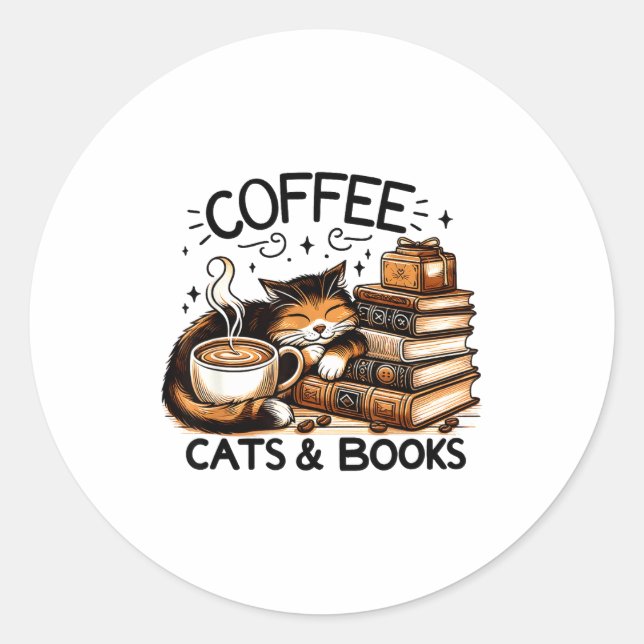 Pegatina Redonda Funny Cute Coffee Cats Books Lover Women Men Kids  (Anverso)