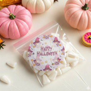 Pegatina Redonda Funny Cute Halloween Pattern con bruja de calabaza