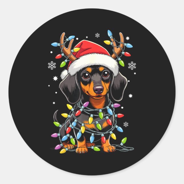 Pegatina Redonda Funny Dachshund Christmas Lights Santa Hat Xmas  (Anverso)