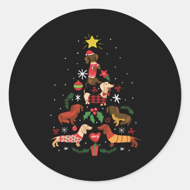Pegatina Redonda Funny Dachshund Christmas Tree (Anverso)