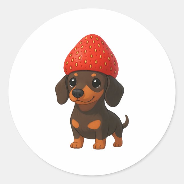 Pegatina Redonda Funny dachshund with strawberries and hat fruity (Anverso)