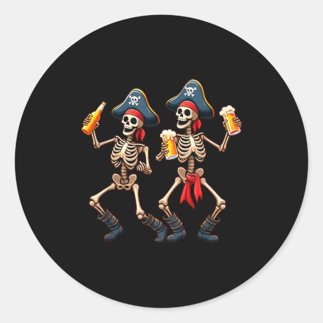 Pegatina Redonda Funny Dancing Rate Skeletons Beer Drinking Hallowe (Anverso)