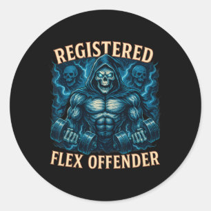 Pegatina Redonda Funny del delincuente flexible registrado en Muscl