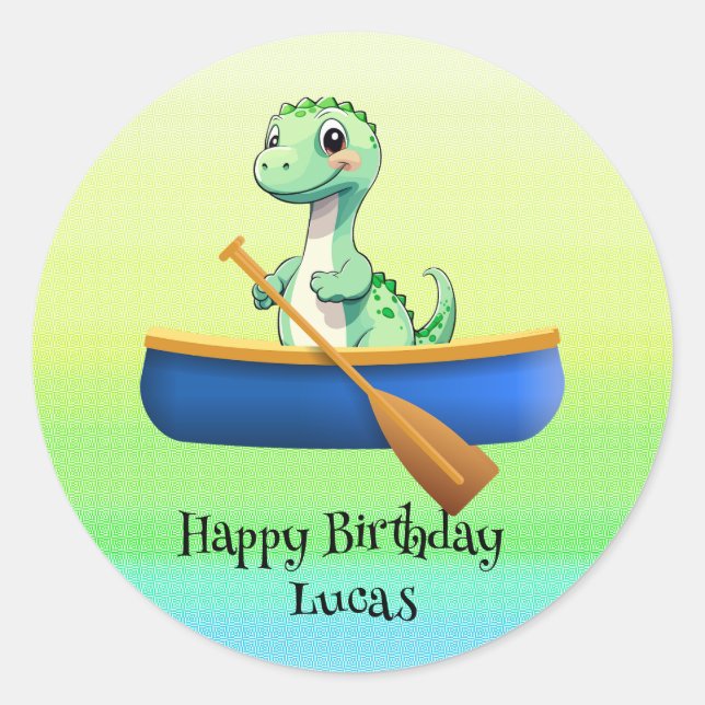 Pegatina Redonda Funny dinosaur Kayak vela Fiesta de cumpleaños (Anverso)