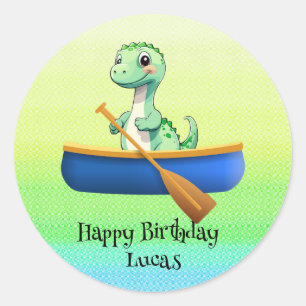 Pegatina Redonda Funny dinosaur Kayak vela Fiesta de cumpleaños