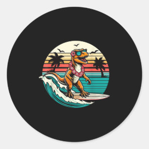 Pegatina Redonda Funny Dinosaur Surfboard Beach Summer Surfing Trex