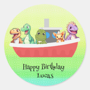 Pegatina Redonda Funny dinosaur Yacht Birthday party DIY Name