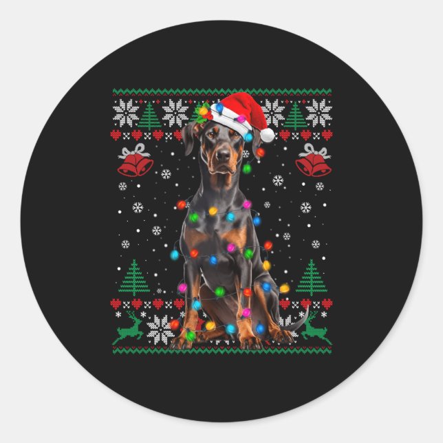 Pegatina Redonda Funny Doberman Christmas Santa Hat Dog Ugly Sweate (Anverso)