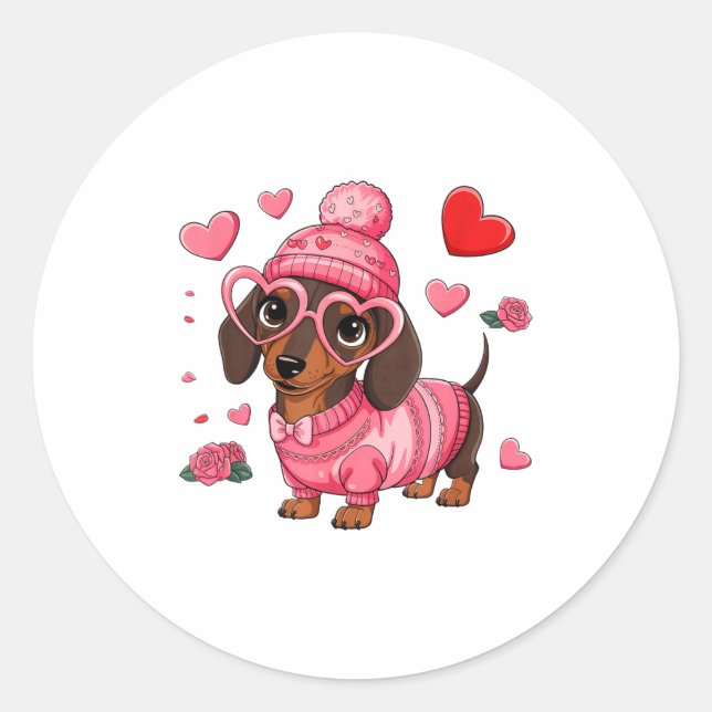 Pegatina Redonda Funny Dog Dachshund Valentines Heart Dog Lover Men (Anverso)