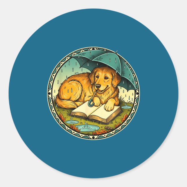 Pegatina Redonda Funny Dog Reading Book Rain Cozy Umbrella Cute Art (Anverso)