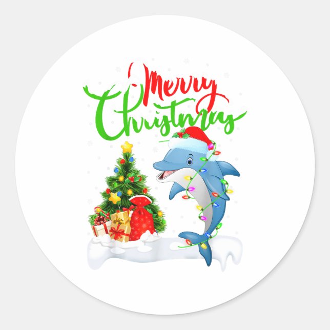 Pegatina Redonda Funny Dolphin Fish Lover Xmas Lighting Dolphin Chr (Anverso)