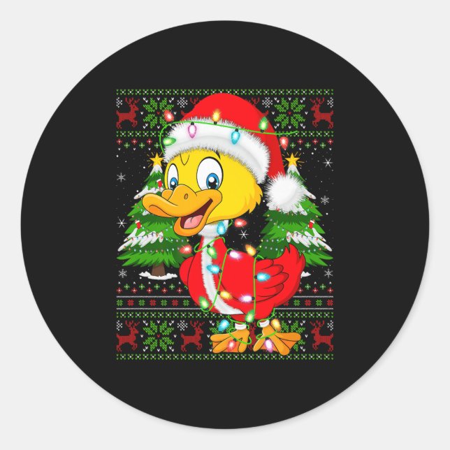 Pegatina Redonda Funny Duck Christmas Lights Santa Costume Ugly Xma (Anverso)