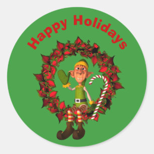 Pegatina Redonda Funny Elf En La Fiesta De Los Navidades De Wreath