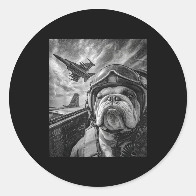 Pegatina Redonda Funny English Bulldog Selfie Fighter Jet Lot Aviat (Anverso)