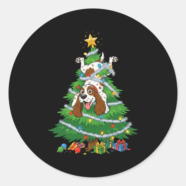 Pegatina Redonda Funny English Springer Spaniel Dog Christmas Tree  (Anverso)