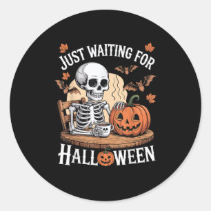Pegatina Redonda Funny Esqueleto De Halloween Esperando Hallowee