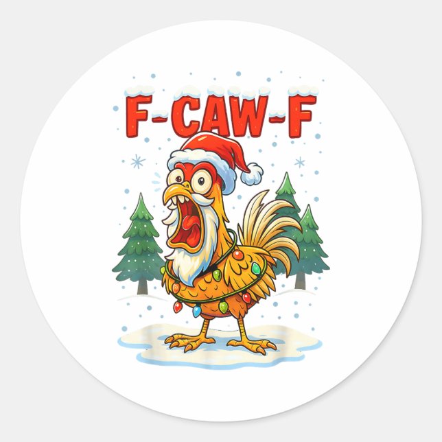Pegatina Redonda Funny F-caw-f Christmas Chicken Xmas Lights Santa  (Anverso)