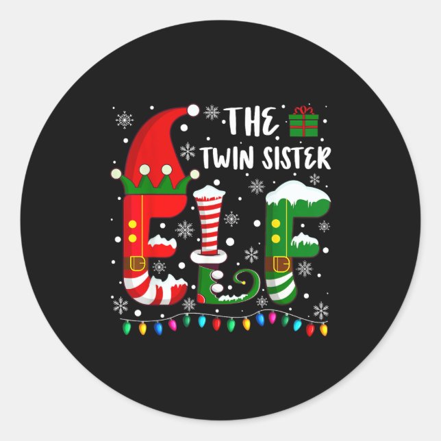 Pegatina Redonda Funny Family Matching Pajamas Twin Sister Elf Chri (Anverso)