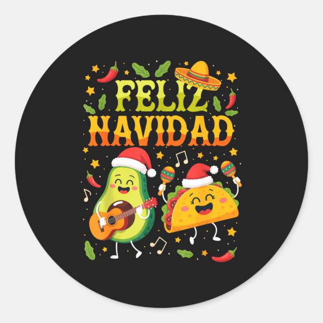 Pegatina Redonda Funny Feliz Navidad Avocado Tacos Mexican Christma (Anverso)