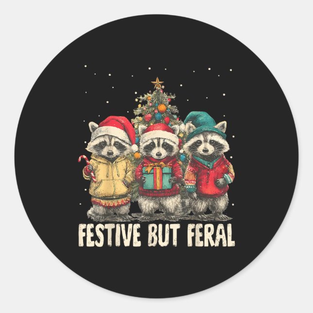 Pegatina Redonda Funny Feral But Festive Christmas Raccoons Xmas Ho (Anverso)