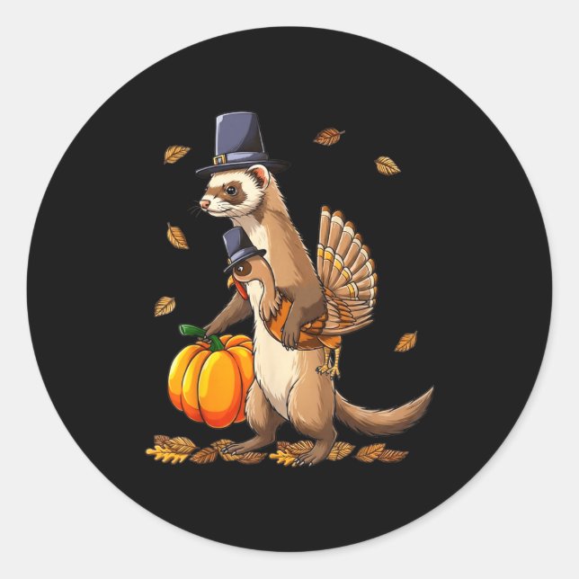 Pegatina Redonda Funny Ferret Turkey Pumpkin Thanksgiving Gift Men  (Anverso)