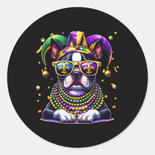 Pegatina Redonda Funny Festival Mardi Gras Bead Boston Terrier Dog