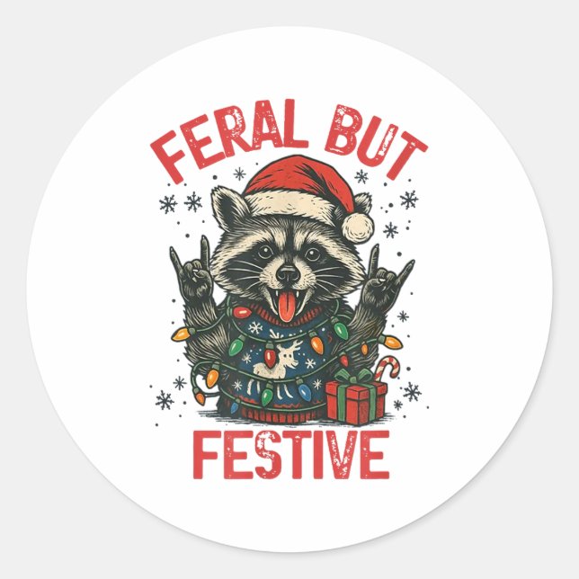 Pegatina Redonda Funny Festive But Feral Santa Raccoon Lover Animal (Anverso)