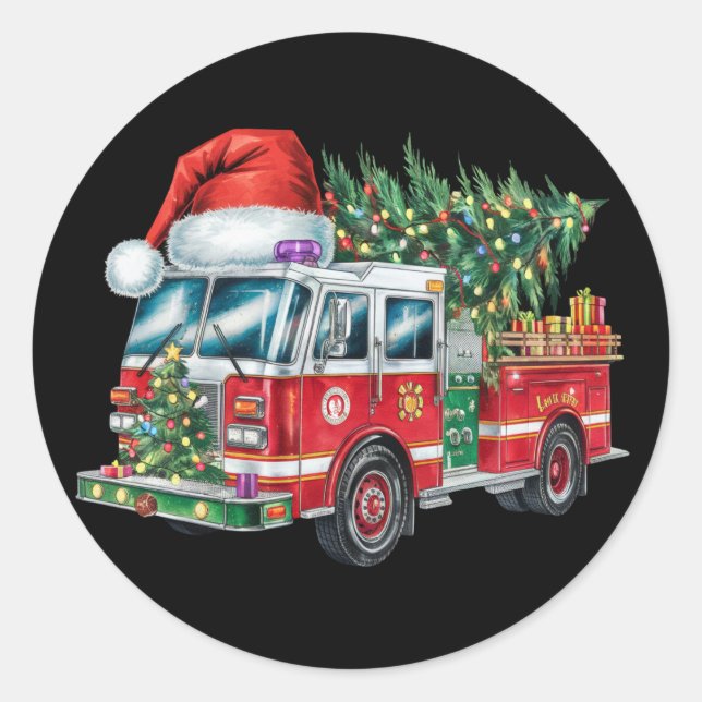 Pegatina Redonda Funny Firetruck Santa Hat Christmas Tree Lights (Anverso)