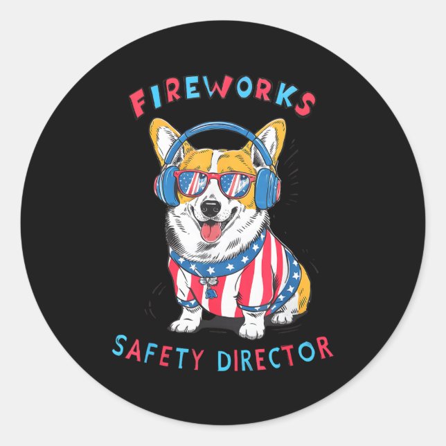 Pegatina Redonda Funny Fireworks Safety Director Dog Technician Exp (Anverso)