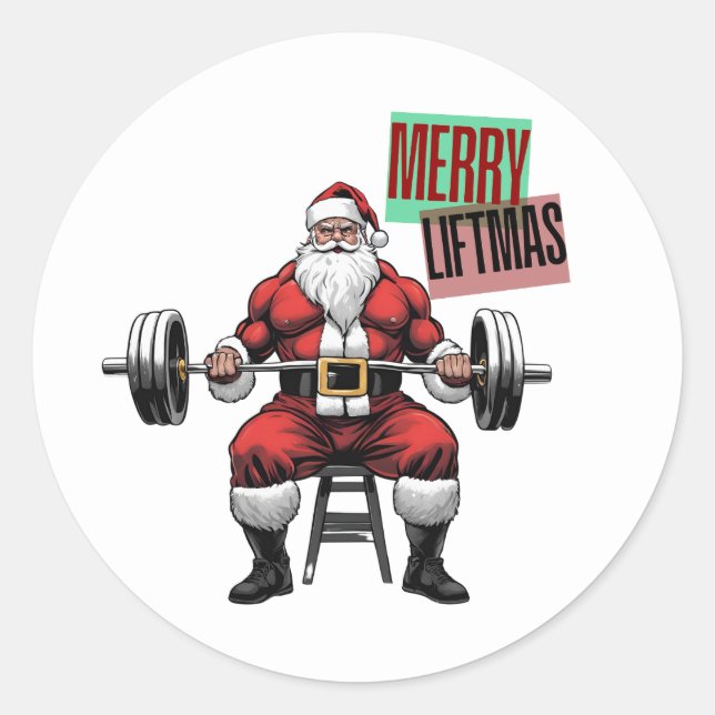 Pegatina Redonda Funny Fitness Navidades Liftmas Barbell Santa (Anverso)