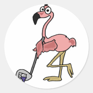 Pegatina Redonda Funny Flamingo Golfing Art
