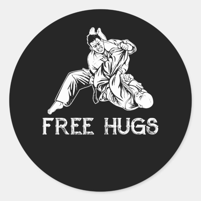 Pegatina Redonda Funny Free Hugs Brazilian Jiu-Jitsu MMA BJJ (Anverso)
