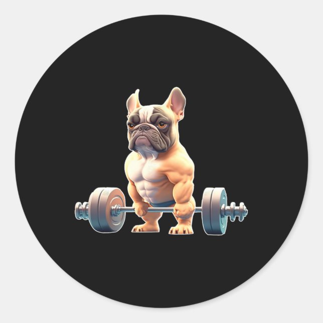 Pegatina Redonda Funny French Bulldog Bodybuilding Gym Frenchie Wei (Anverso)