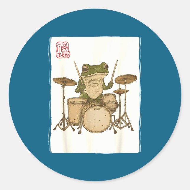 Pegatina Redonda Funny Frog Drum Rock Music Kawaii Japanese  (Anverso)
