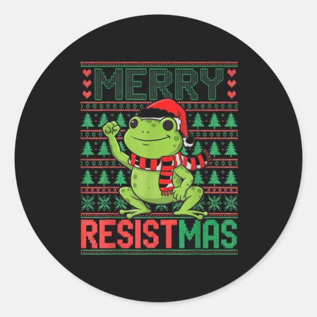 Pegatina Redonda Funny Frog Retro Merry Resistmas Litical Ugly Chri (Anverso)