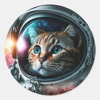 Pegatina Redonda Funny Galaxy Space Cat Astronaut Birthday Party